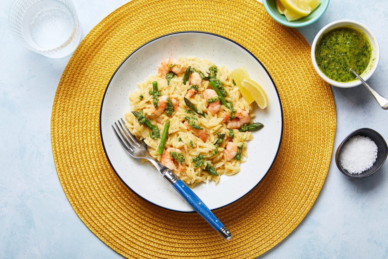 A photograph of Prawn orzo 