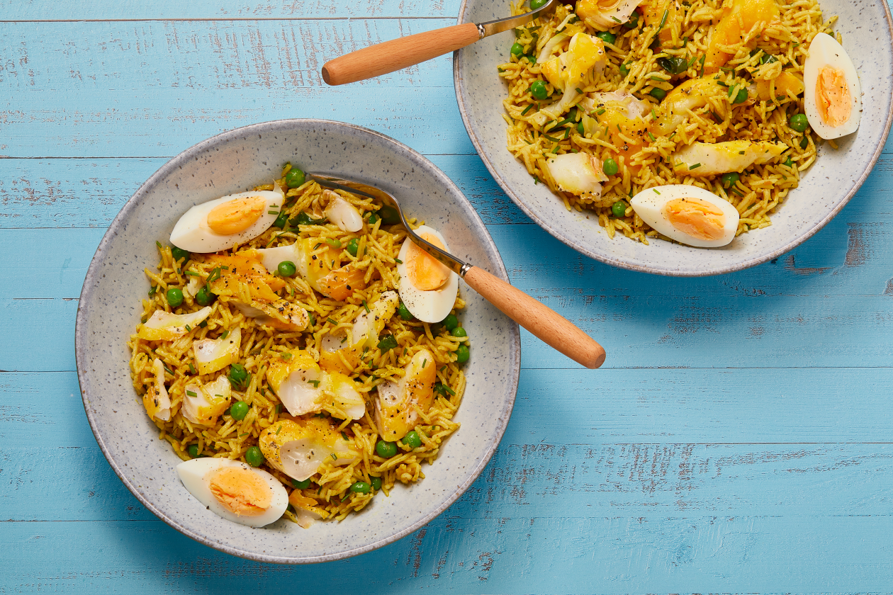 A photograph of Smoked haddock kedgeree with poached eggs 