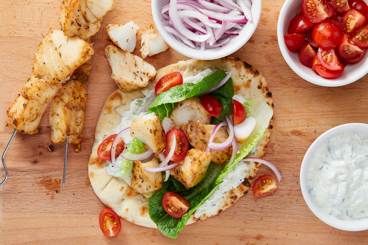 A photograph of Greek-style Cod Flatbreads
